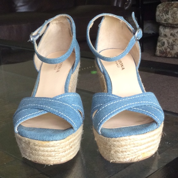 Arizona Jean Co. Denim Wedged Sandals - Picture 1 of 4